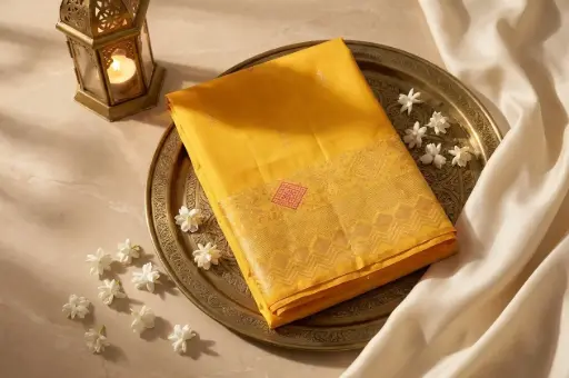 [54709001FQ62E0] Sunshine Yellow Pure Silk Saree with Woven Zari Border