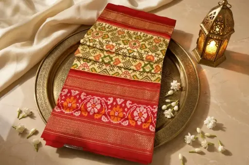[54709001EP03E7] Off-White and Red Pure Silk Patola Ikat Saree