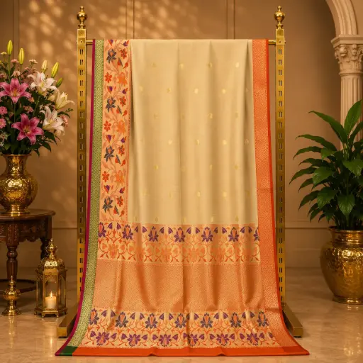 [39209001YF6963] Women's Cream Saree with Floral Border, Gold Butis and Orange Woven Pallu