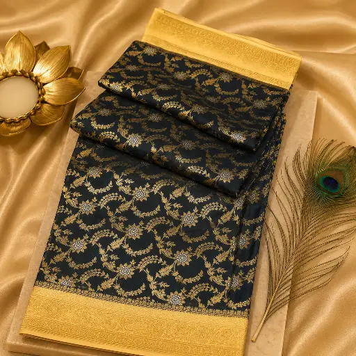 [37709001EB95E3] Elegant Navy Blue Banarasi Silk Saree with Gold Floral Zari Weaving & Cream Border