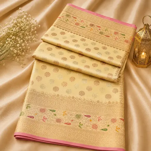 [37709001GQ46D1] Cream Gold Banarasi Silk Saree with Pink Border and Multicolor Zari Pallu
