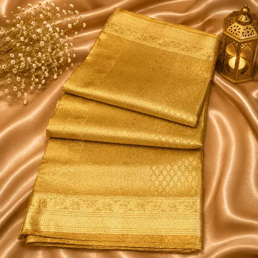 [85509001GG92C9] Premium Pure Golden Silk Saree with Rich Woven Zari Border