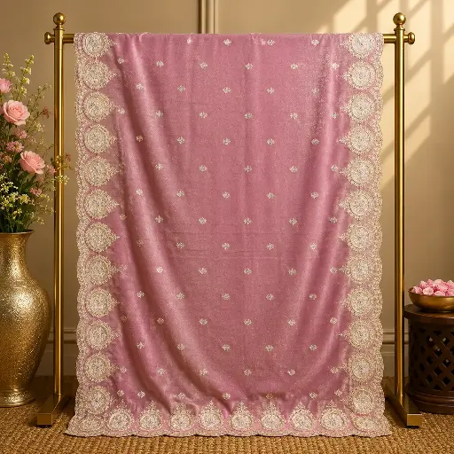 [13017001FA62D4] Dusty Rose Dupatta with Golden Motifs and Ornate Medallion Scalloped Border