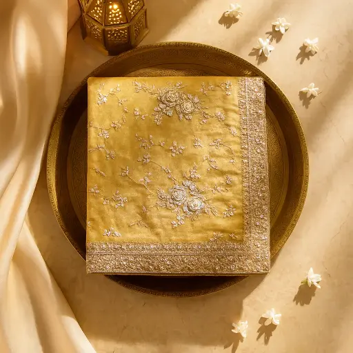 [97517043ES82F2] Exquisite Golden Embroidered Silk Saree with Intricate Sequin Details
