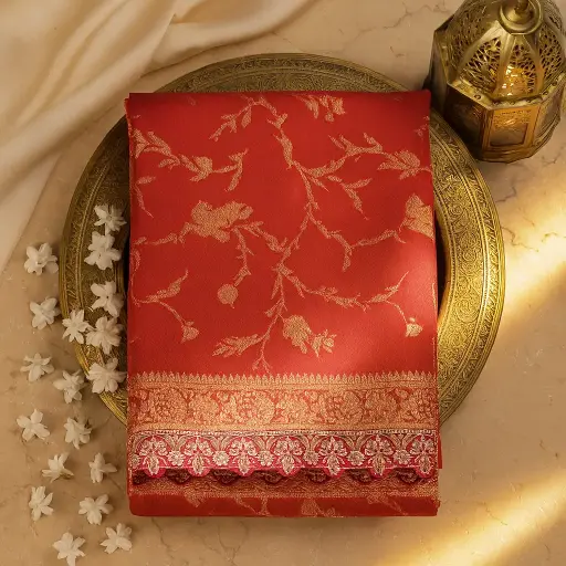 [97517046EU78F2] Elegant Red Banarasi Silk Saree with Scalloped Sequin Border