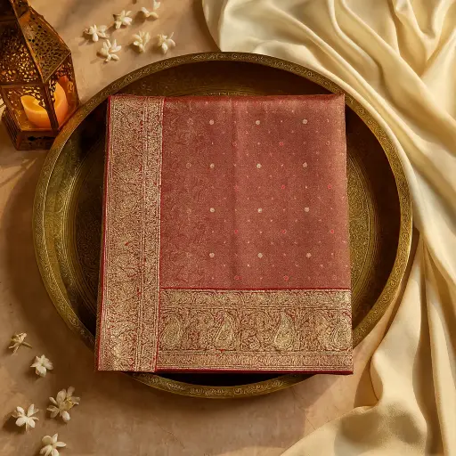 [70313001EU09F2] Elegant Maroon Banarasi Silk Saree with Intricate Zari Work