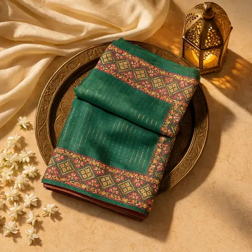 [01417001EU97F2] Elegant Emerald Green Silk Saree with Intricate Floral Embroidery