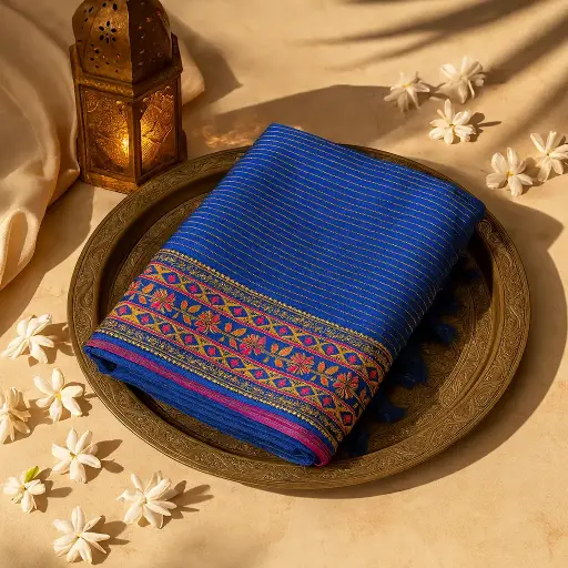 [01417001EU98F2] Elegant Royal Blue Silk Saree with Intricate Floral Embroidery