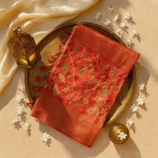 [01417001EU99F2] Elegant Maroon Silk Saree with Traditional Peacock Motif Embroidery