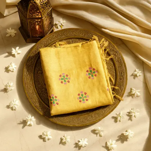 [01417001EV00F2] Elegant Mustard Yellow Embroidered Saree with Subtle Texture