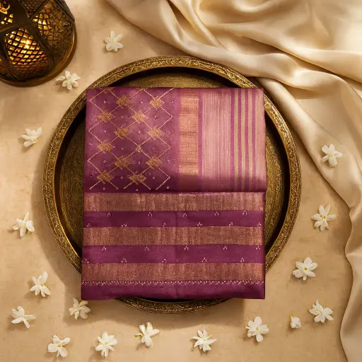 [01417001EV01F2] Elegant Deep Purple Handwoven Festive Saree with Mirror Work