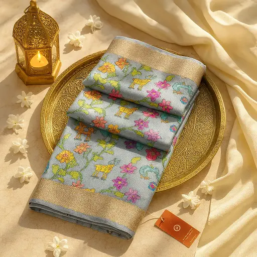[01417001EV02F2] Elegant Grey Silk Saree with Whimsical Floral Pixel Art