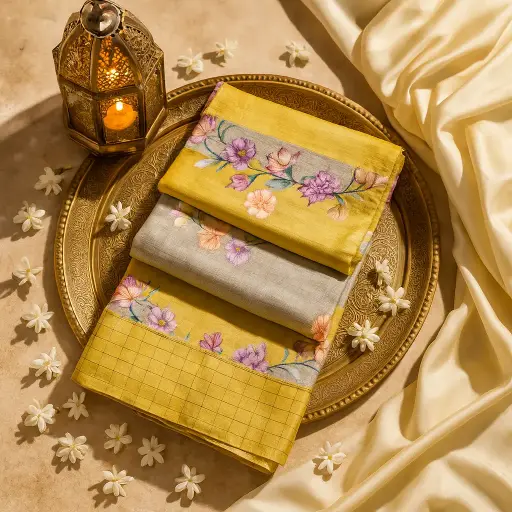 [01417001EV03F2] Elegant Mustard Floral Print Saree with Subtle Zari Border
