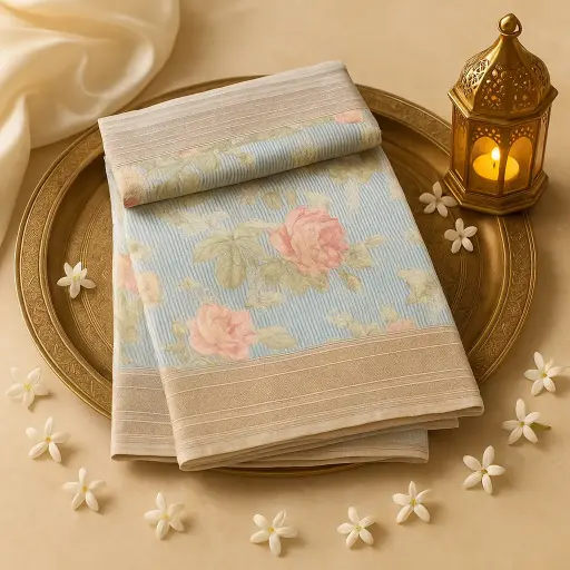[01417001EV04F2] Exquisite Floral Print Zari Border Designer Saree