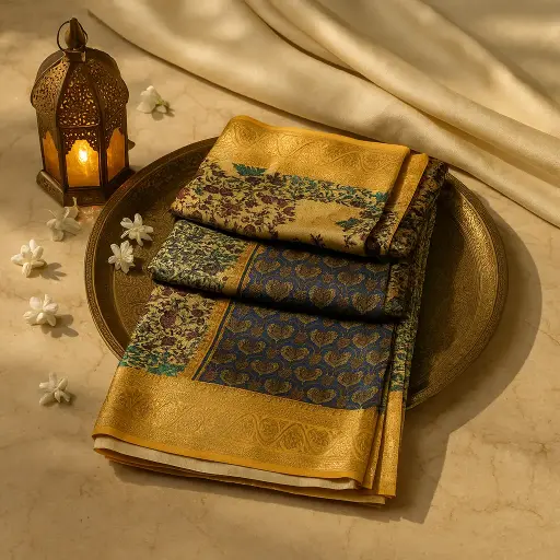 [01417001EV05F2] Exquisite Traditional Gold and Blue Patterned Silk Saree