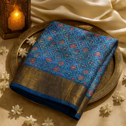 [01417001EV07F2] Elegant Blue Traditional Floral Print Silk Saree with Zari Border