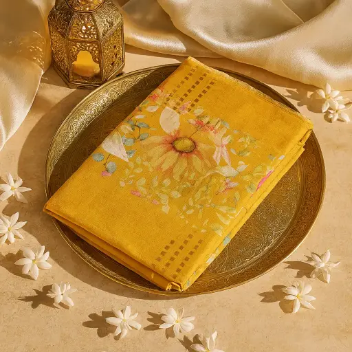 [01417001EV11F2] Elegant Mustard Floral Printed Saree with Shimmering Border