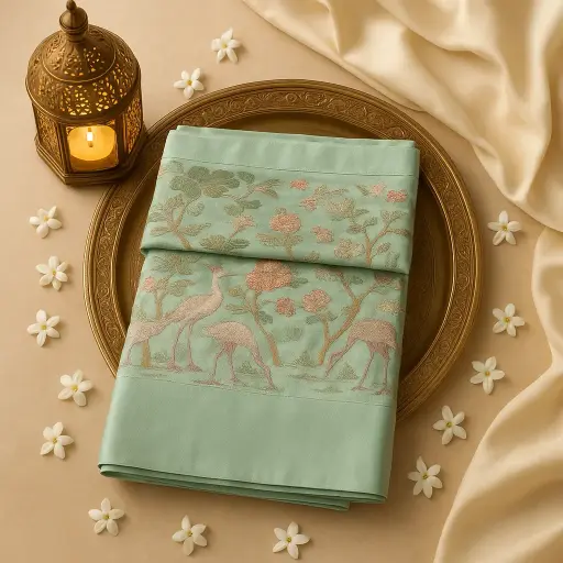[01417001EV12F2] Elegant Mint Green Floral Embroidered Designer Silk Saree