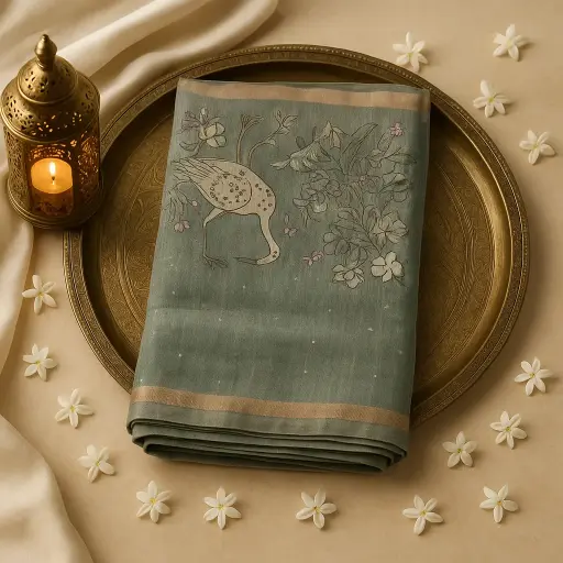 [01417001EV19F2] Elegant Sage Green Crane Motif Organza Silk Designer Saree