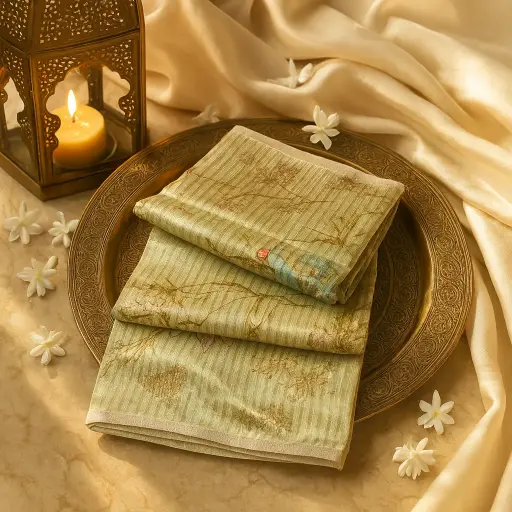[01417001EV20F2] Elegant Sage Green Floral Pattern Saree with Metallic Stripes