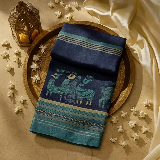 [01417001EV21F2] Elegant Navy and Teal Animal Motif Cotton Silk Saree