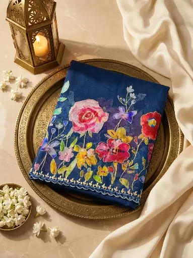 [01417001EV24F2] Royal Blue Hand-Highlighted Floral Organza Silk Saree