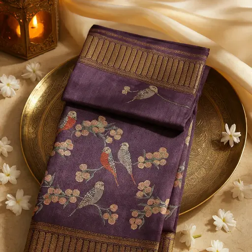 [01417001JR04F2] Elegant Deep Purple Bird Motif Saree with Zari Border