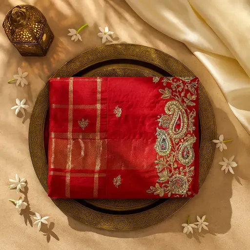 [90517001EG43F2] Elegant Red Embroidered Saree with Zari Checkered Pattern