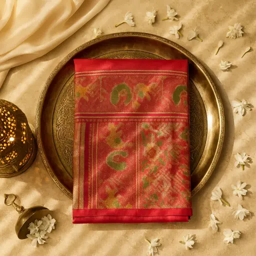 [90517001EU35F2] Vibrant Red Patola Silk Saree With Traditional Bird Motif
