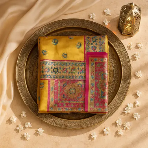[90517001EU40F2] Mustard Yellow Silk Saree with Traditional Elephant and Peacock Motifs 
