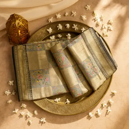 [90517001EU41F2] Elegant Grey and Gold Floral Brocade Silk Blend Saree