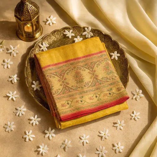 [90517001EU43F2] Elegant Yellow Silk Saree With Intricate Traditional Floral Border 