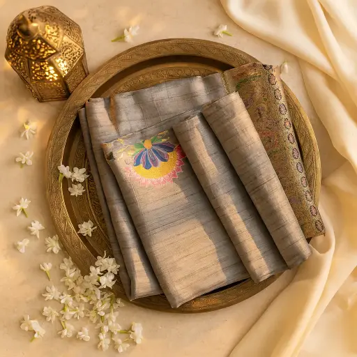 [90517001EU63F2] Elegant Grey Silk Saree with Traditional Floral Zari Border