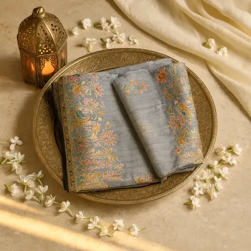 [90517001EU64F2] Elegant Grey Hand-Embroidered Silk Saree with Intricate Zari Border
