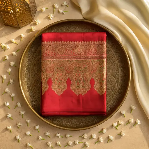 [90517001EU66F2] Elegant Red Silk Blend Zari Woven Festive Saree