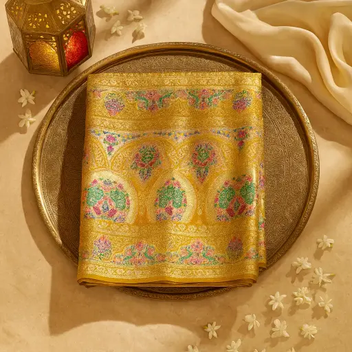 [90517001EU67F2] Elegant Mustard Yellow Silk Saree With Intricate Peacock Zari Weave 