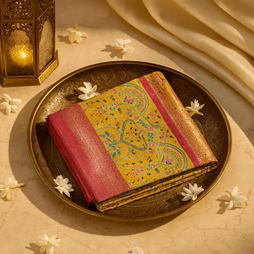[90517001EU72F2] Exquisite Mustard Embroidered Silk Saree with Pink Zari Border
