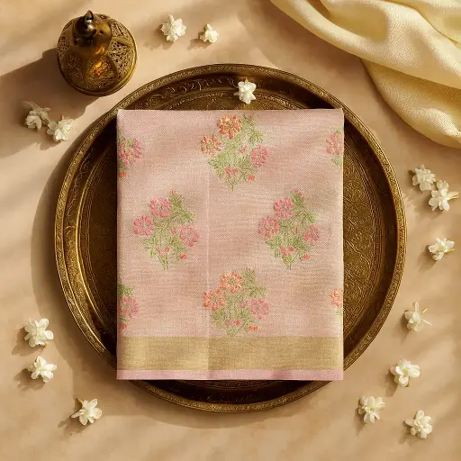 [90517001EU76F2] Elegant Peach Tissue Silk Saree with Floral Border