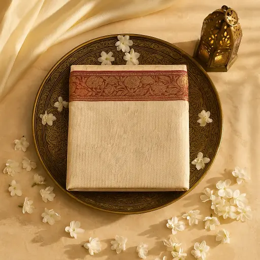 [90517001EU77F2] Elegant Beige Embroidered Tissue Saree with Delicate Floral Motif
