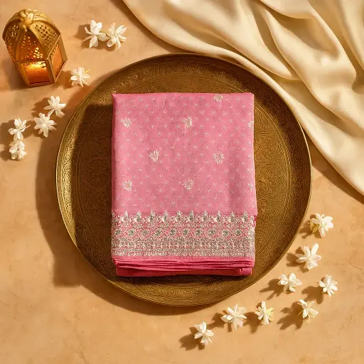 [90517001FV83F2] Elegant Pink Mirror Work Festive Saree with Matching Blouse