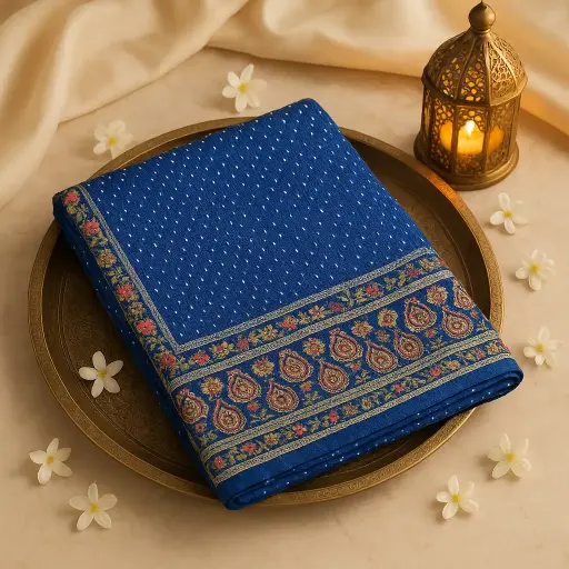 [86812001EX06F3] Royal Blue Bandhani Viscose Saree with Floral Zari Border