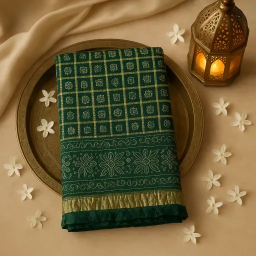 [86812001EX07F3] Emerald Green Gaji Silk Bandhani Saree with Zari Checkers