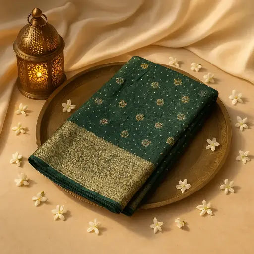 [86812001RX16F3] Olive Green Raw Silk Bandhani Saree with Zari Border