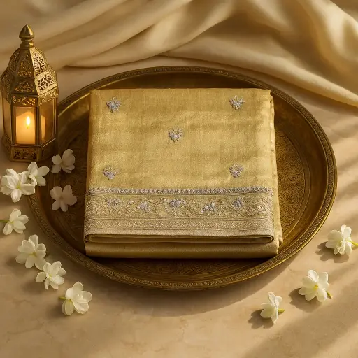 [84817001EV52F2] Elegant Gold Tissue Silk Saree with Intricate Border Embroidery