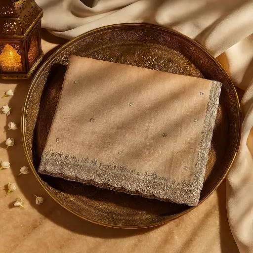 [84817001EV63F2] Champagne Gold Shimmer Tissue Saree with Scalloped Embroidered Border