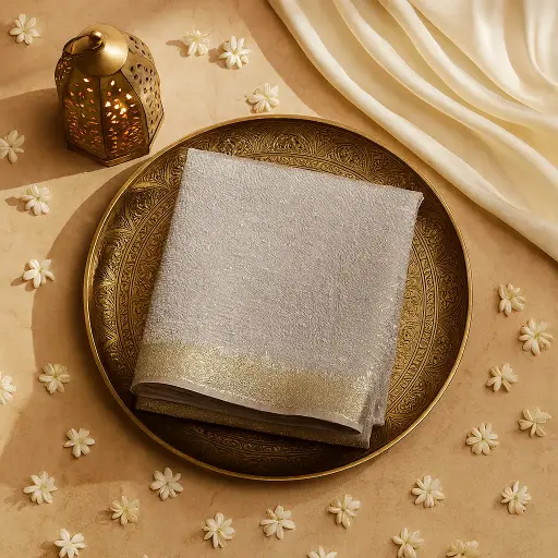 [84817001EV64F2] Elegant Champagne Shimmer Embellished Festive Saree