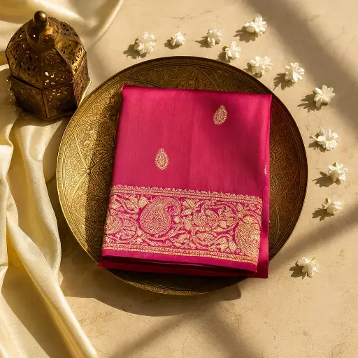 [97417001OS25F3] Elegant Fuchsia Pink Silk Saree with Traditional Gold Zari Work