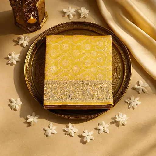 [97417001EV15F3] Elegant Mustard Yellow Embroidered Silk Saree with Zari Border