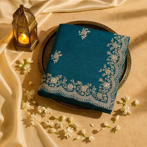 [97417001EV25F3] Teal Blue Crepe Silk Saree with Scalloped Zari Embroidery