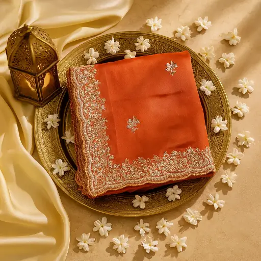 [97417001ZU84F3] Elegant Burnt Orange Embellished Designer Saree for Festive Wear